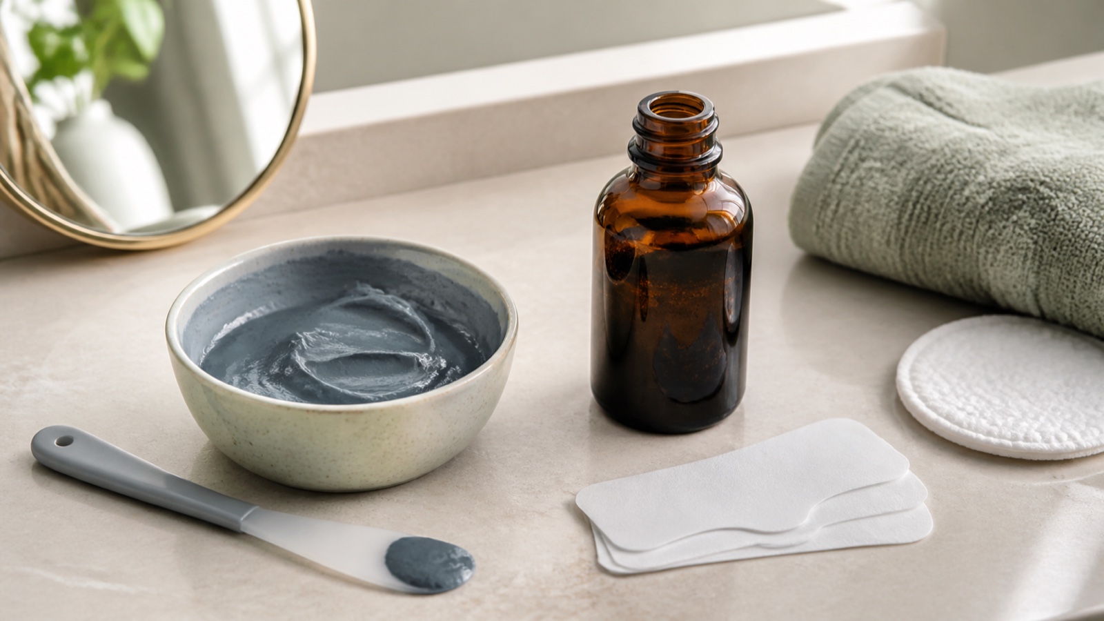 Blue-grey clay mask and an unbranded peel-off mask bottle compared on a bathroom vanity